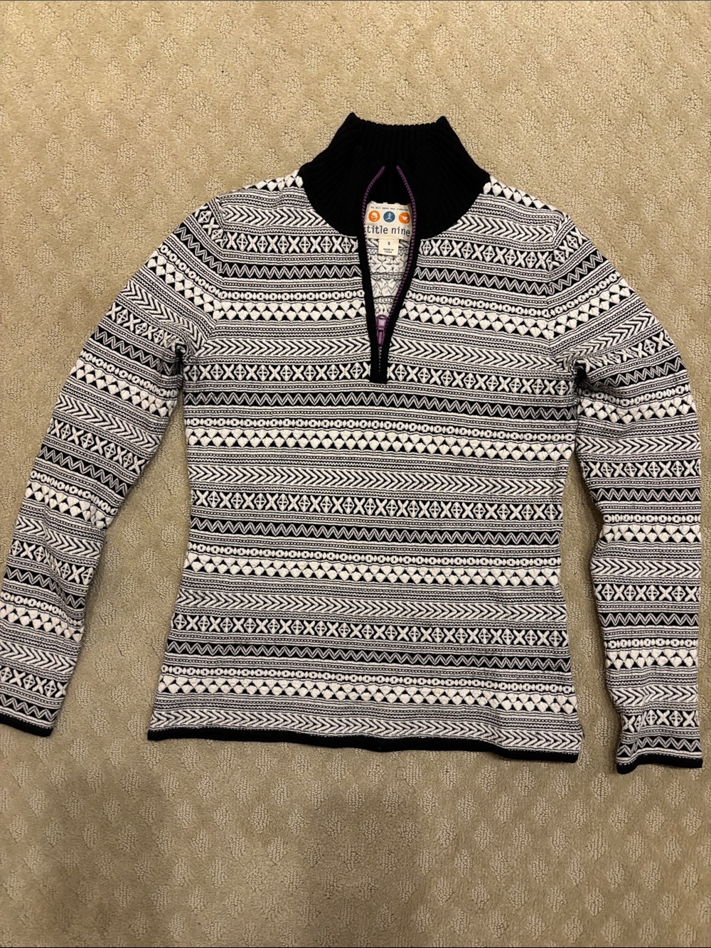 Title nine Black and White Striped Geo Quarter-Zip Turtleneck Sweater